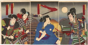 Toyohara Chikanobu Painting - A kabuki scene of three samurai and a traveller on a bridge Toyohara Chikanobu